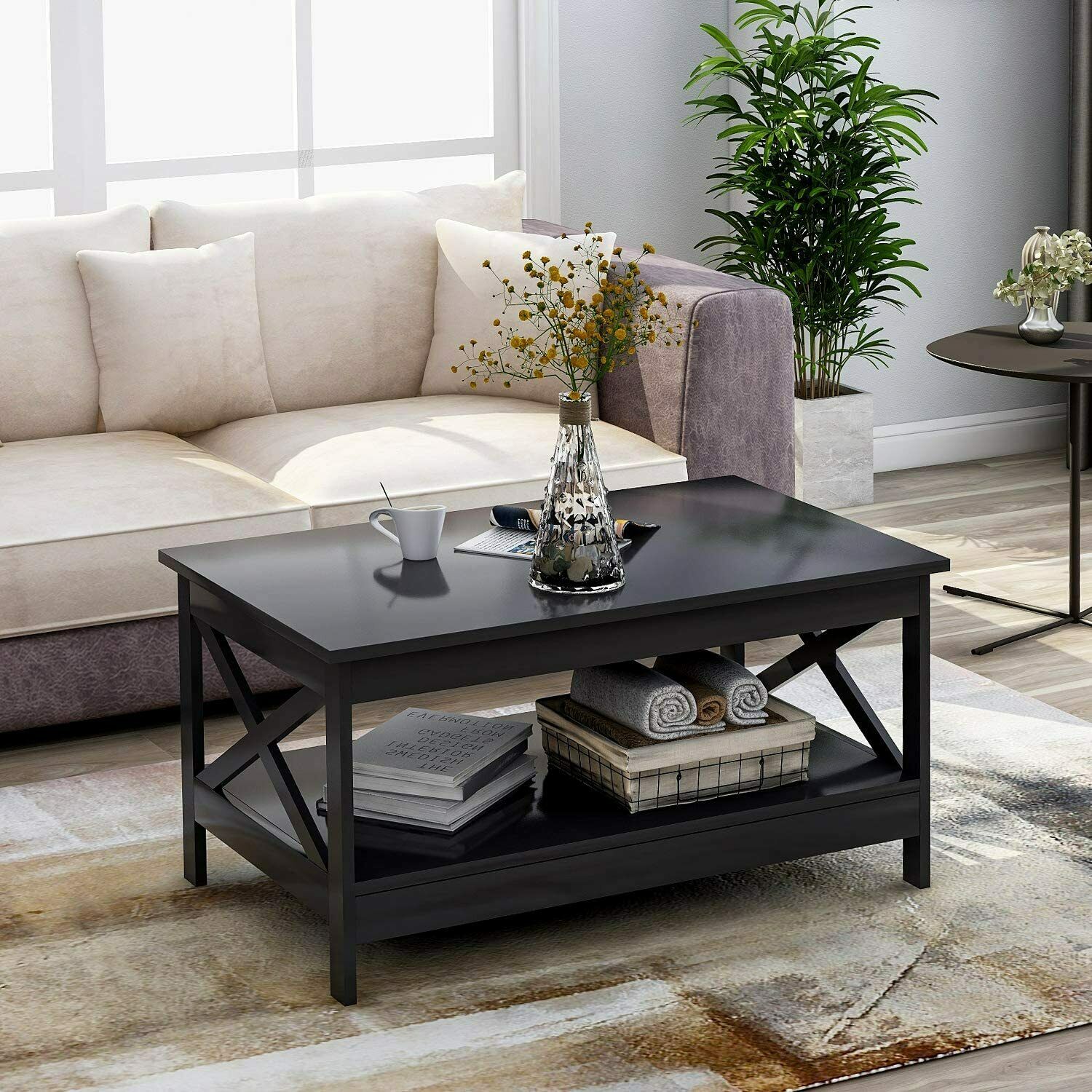 Side Tea Table Wood Coffee Table Modern X Designed Shelf for Living Room Teapot