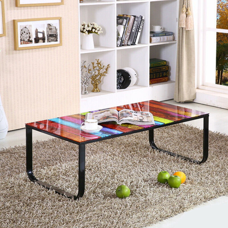 Modern Glass Coffee Table Black Rainbow Side Table Black Metal Legs Living Room