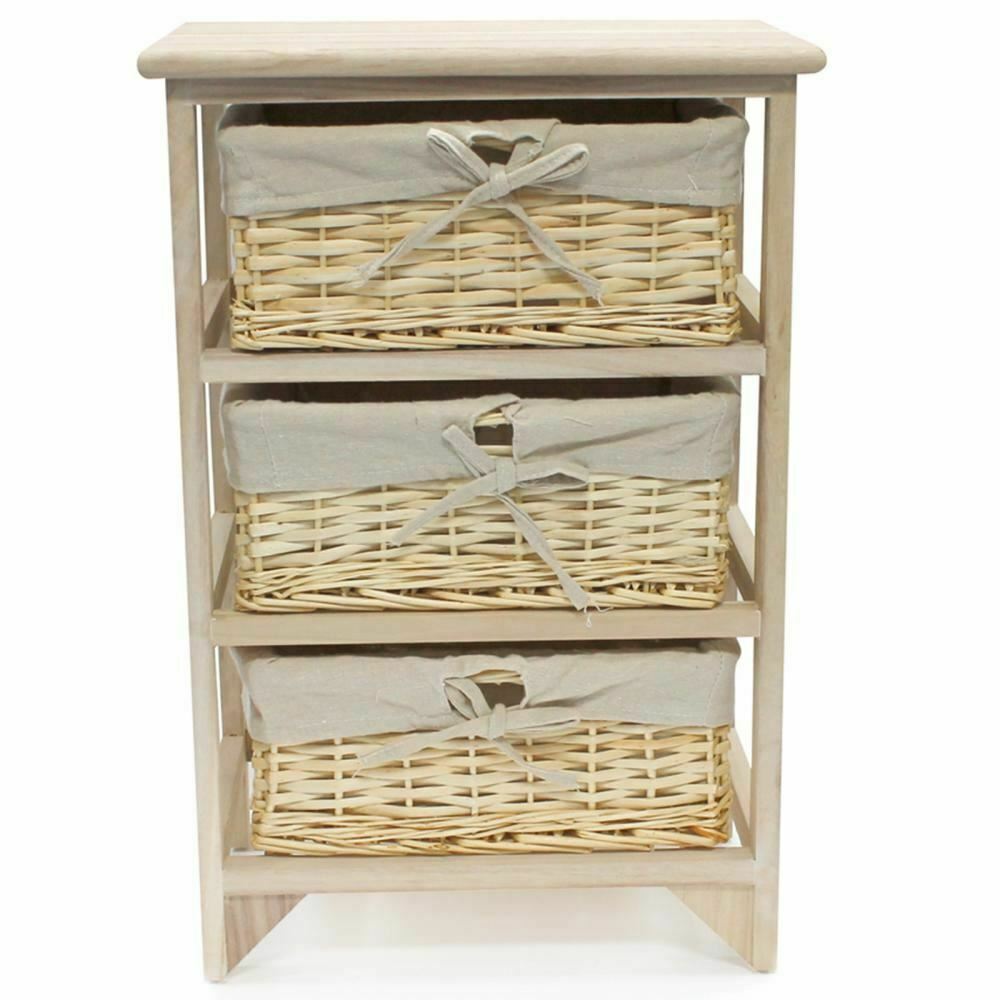 3 TIER DRAWERS WOODEN STORAGE CABINET RACK WICKER BASKETS BEDROOM UNIT FURNITURE