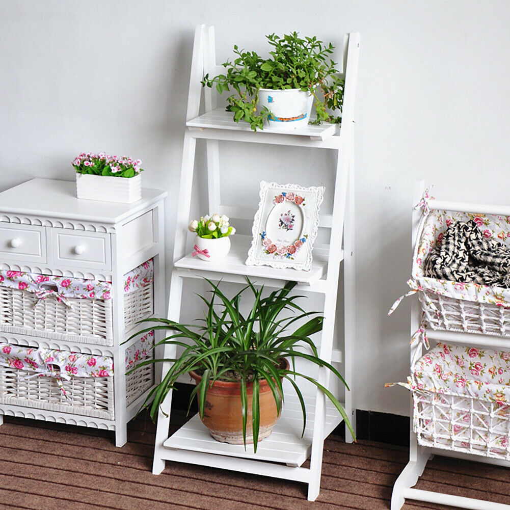 3 Tier Wood Folding Ladder Shelf Flower Plant Pot Stand Storage Display Shelving (White 3 Tier Ladder Shelf 42x40x107cm)