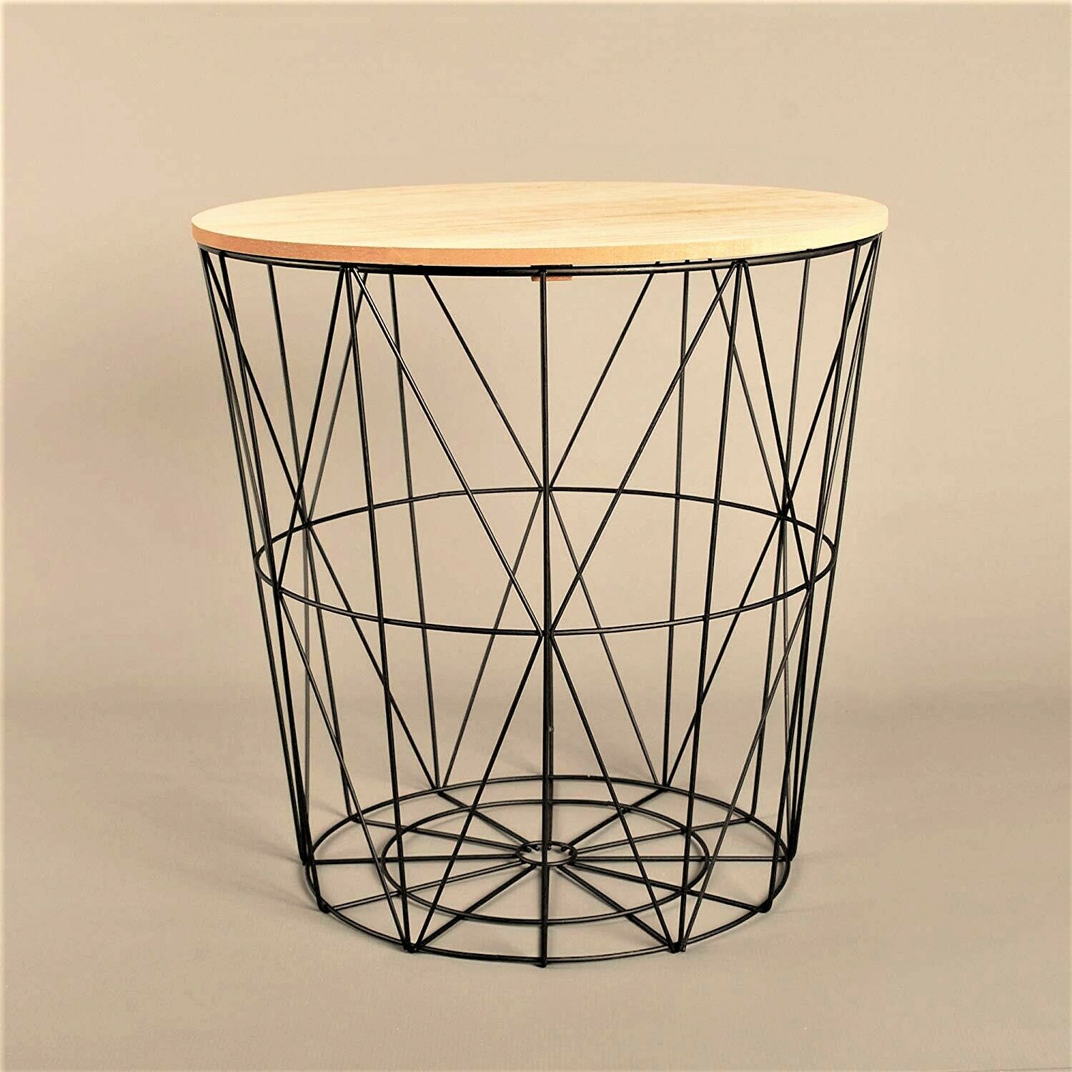 Brown Wooden Top Black Wire Storage Basket Round End Side Table Home Furniture