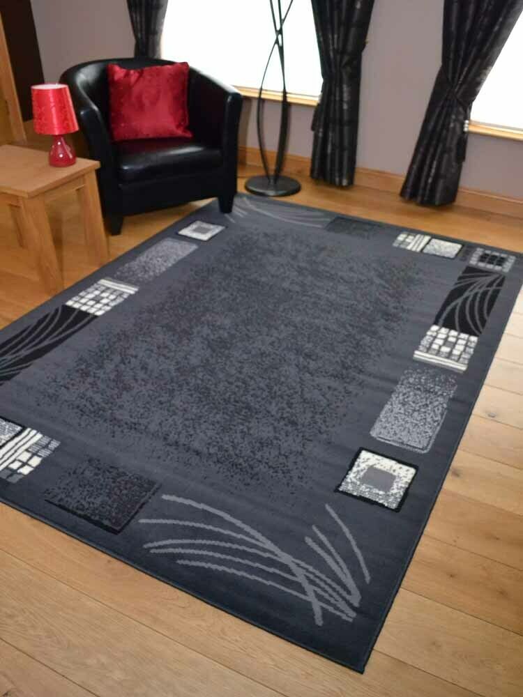 Modern Black Grey Rugs Mats Large Small Hallway Runners Big Floor Area Carpet