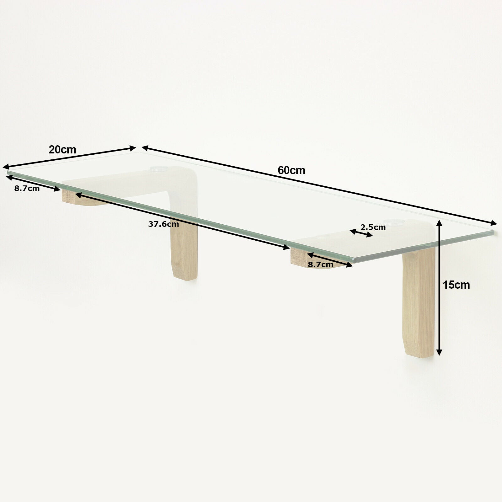 60cm Wall Mounted Glass & Oak Storage Display Shelf Home Bedroom Bathroom Office