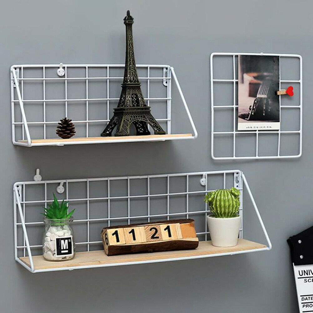 Industrial Wall Mounted Metal Wire Shelf Unit Floating Shelves Wood Storage Rack