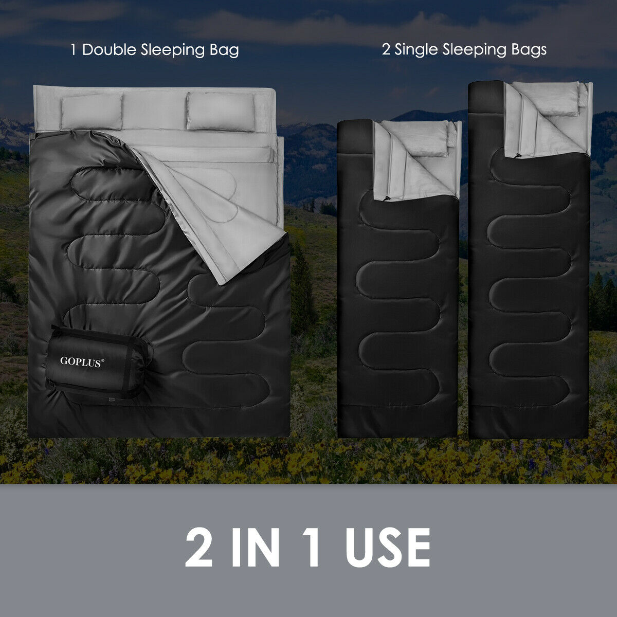 Waterproof Double Sleeping Bag Outdoor Camping Single Convertible W/ Pillows&Bag