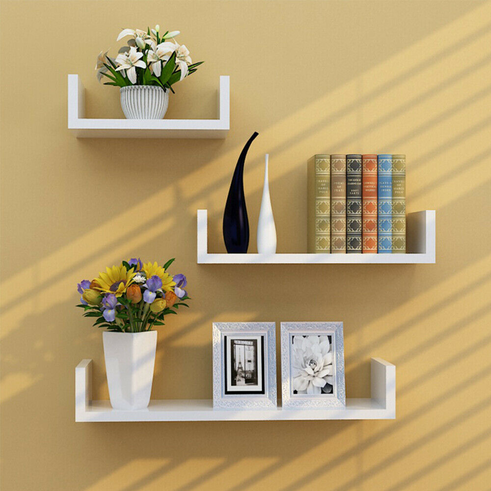 Set of 3 U Shape shelves Floating Wall Shelve Home Decor Storage Wood Shelf Unit