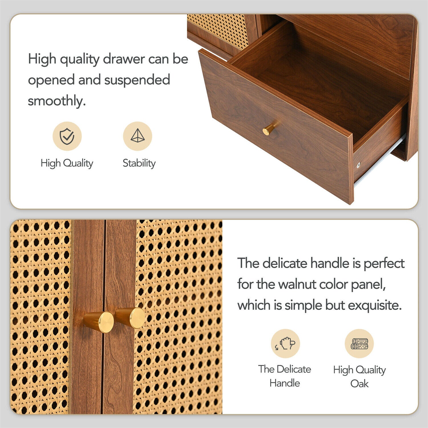 Wooden Rattan Sideboard Buffet Storage Cabinet Cupboard w/ 2 Doors 3 Drawers HT