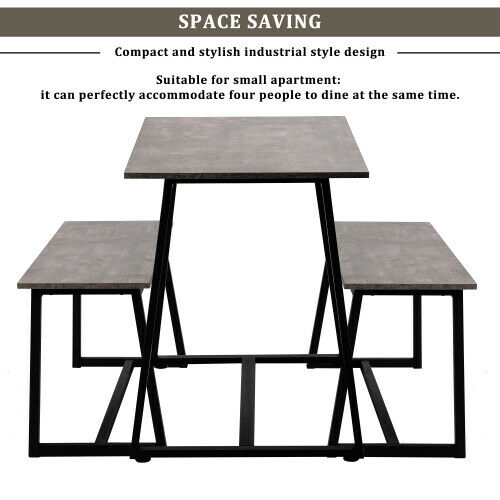 4-Seater Dining Table Set with 2 Benches Breakfast Kitchen Furniture Steel Frame