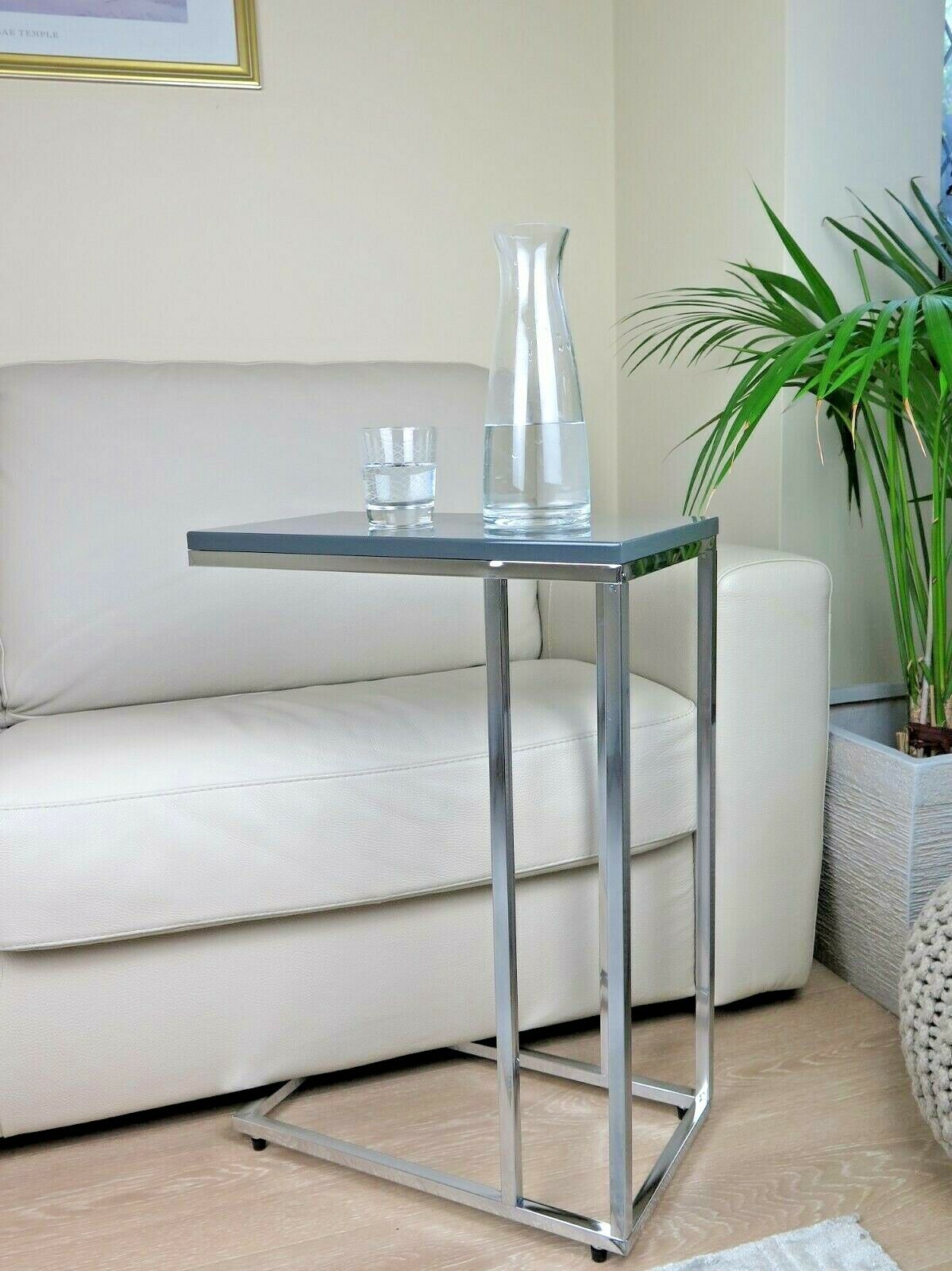 Wooden Sofa/Side/End/Laptop Table-Grey Glossy Top,Chrome Frame