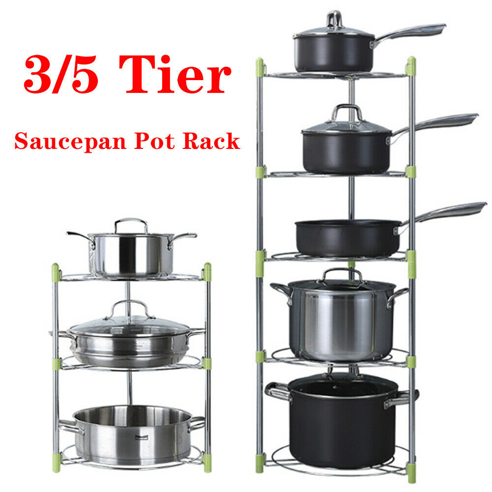 3/5 Tiers Saucepan Frying Pan Pot Storage Rack Shelf Stand Kitchen Organizer NEW