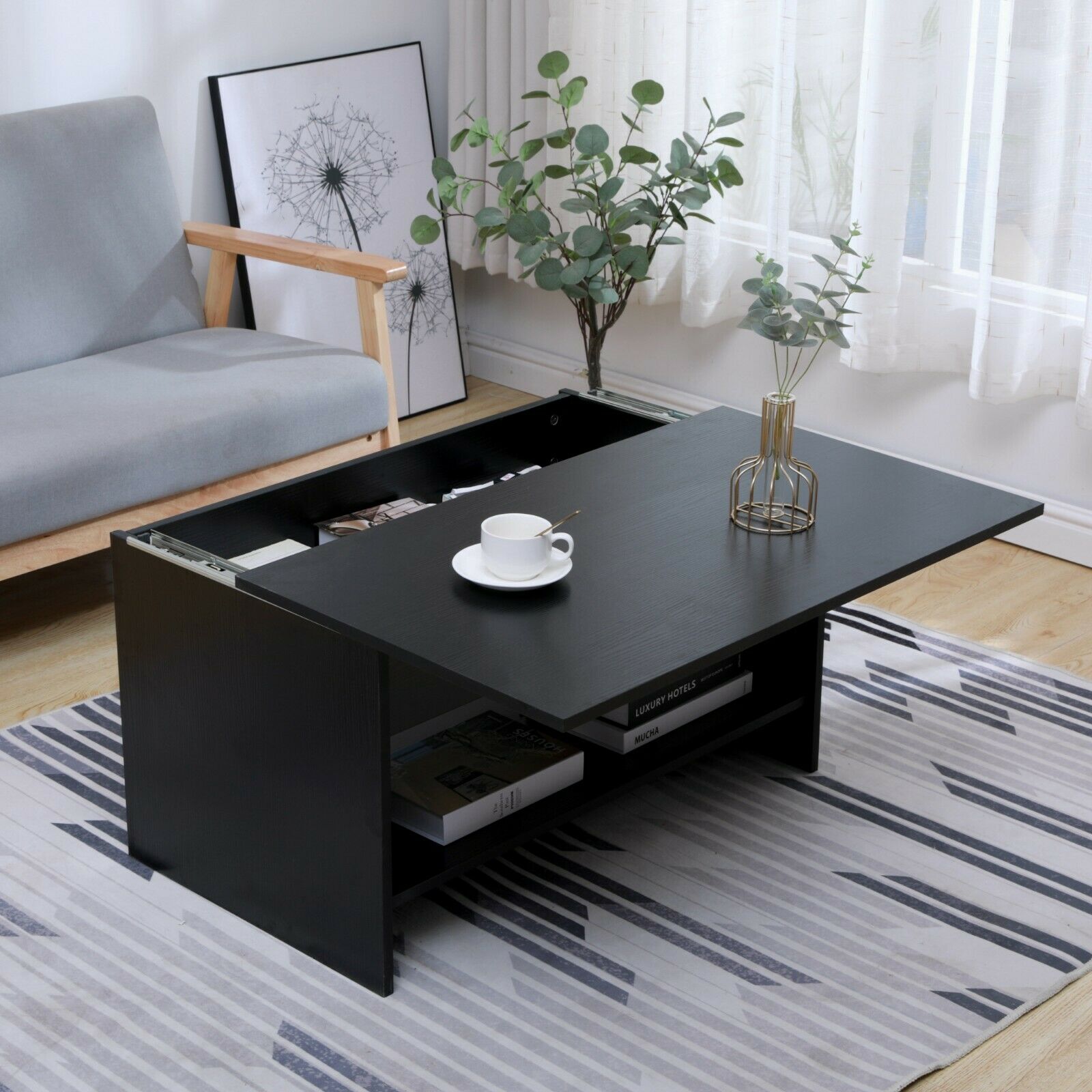 Wooden Sliding Top Coffee/Sofa/Tea Table Modern Living Room Bottom Storage Shelf