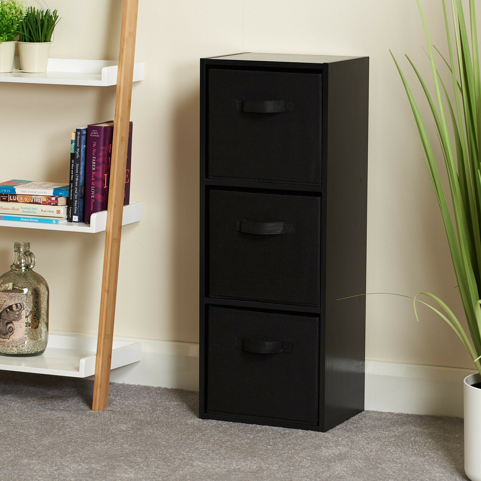 3 Tier Black Bookcase Wooden Display Shelving Unit & Fabric Storage Box