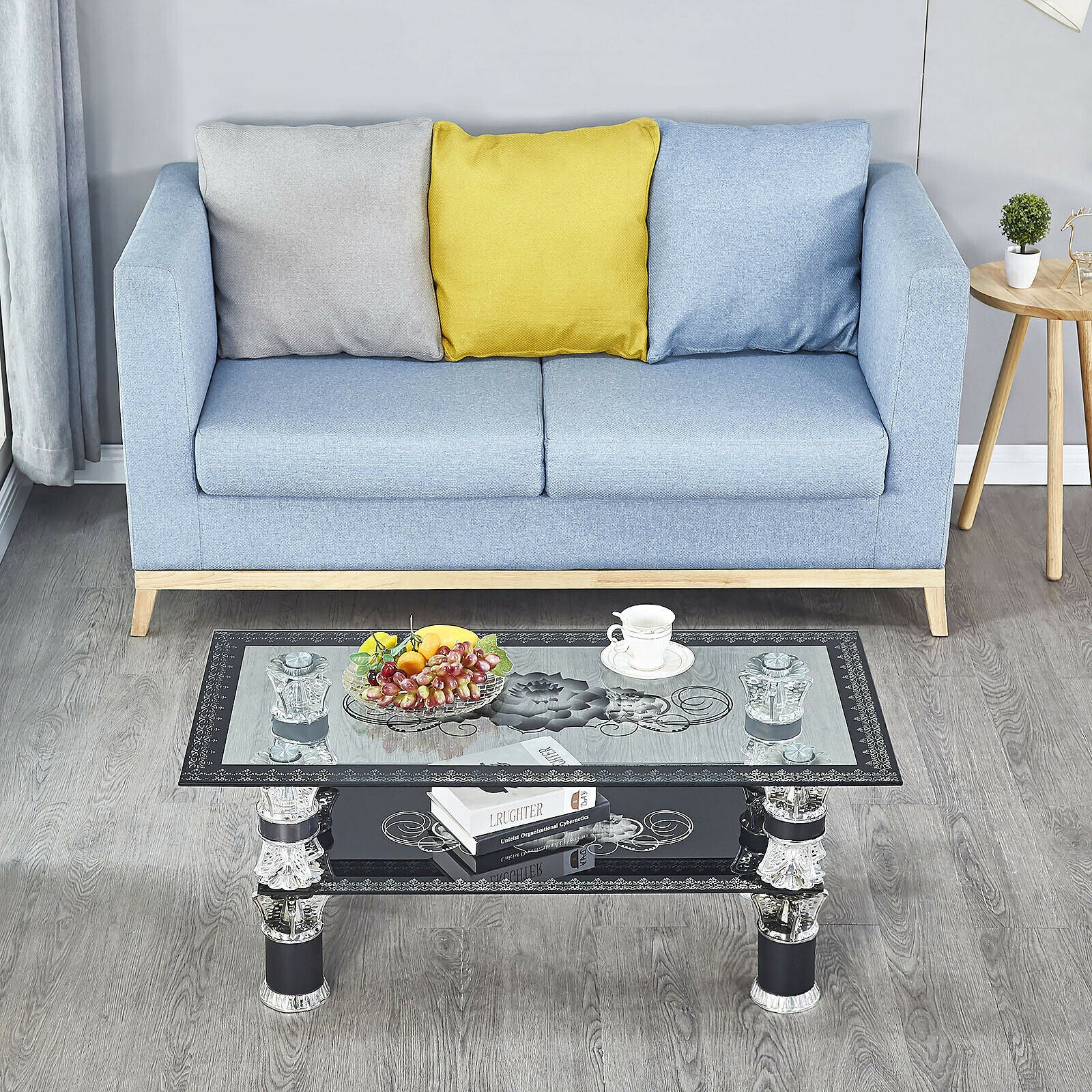 Clear Glass Coffee Table Rectangle Tempered Floral Luxury w/ Shelf Living Room