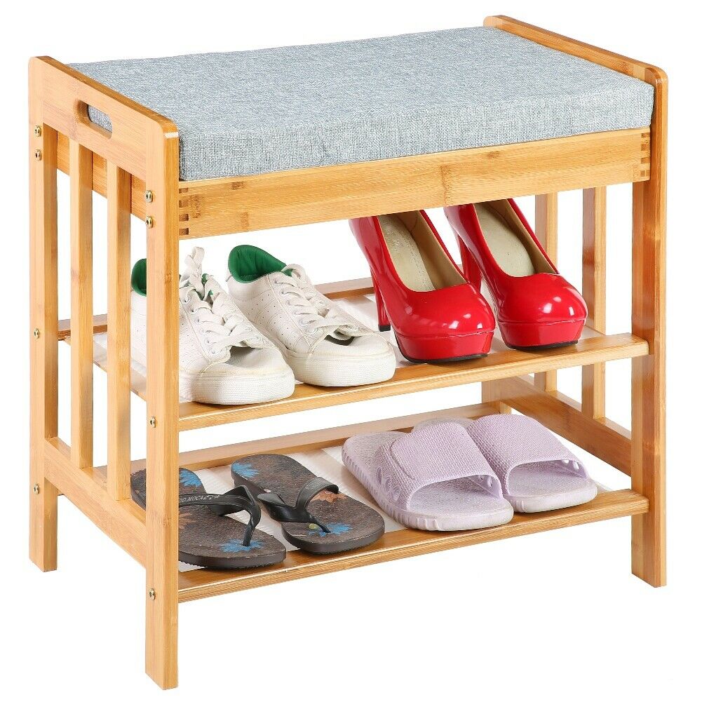 Bamboo Ottoman Shoes Storage Bench Shoe Cabinet Padded Seat