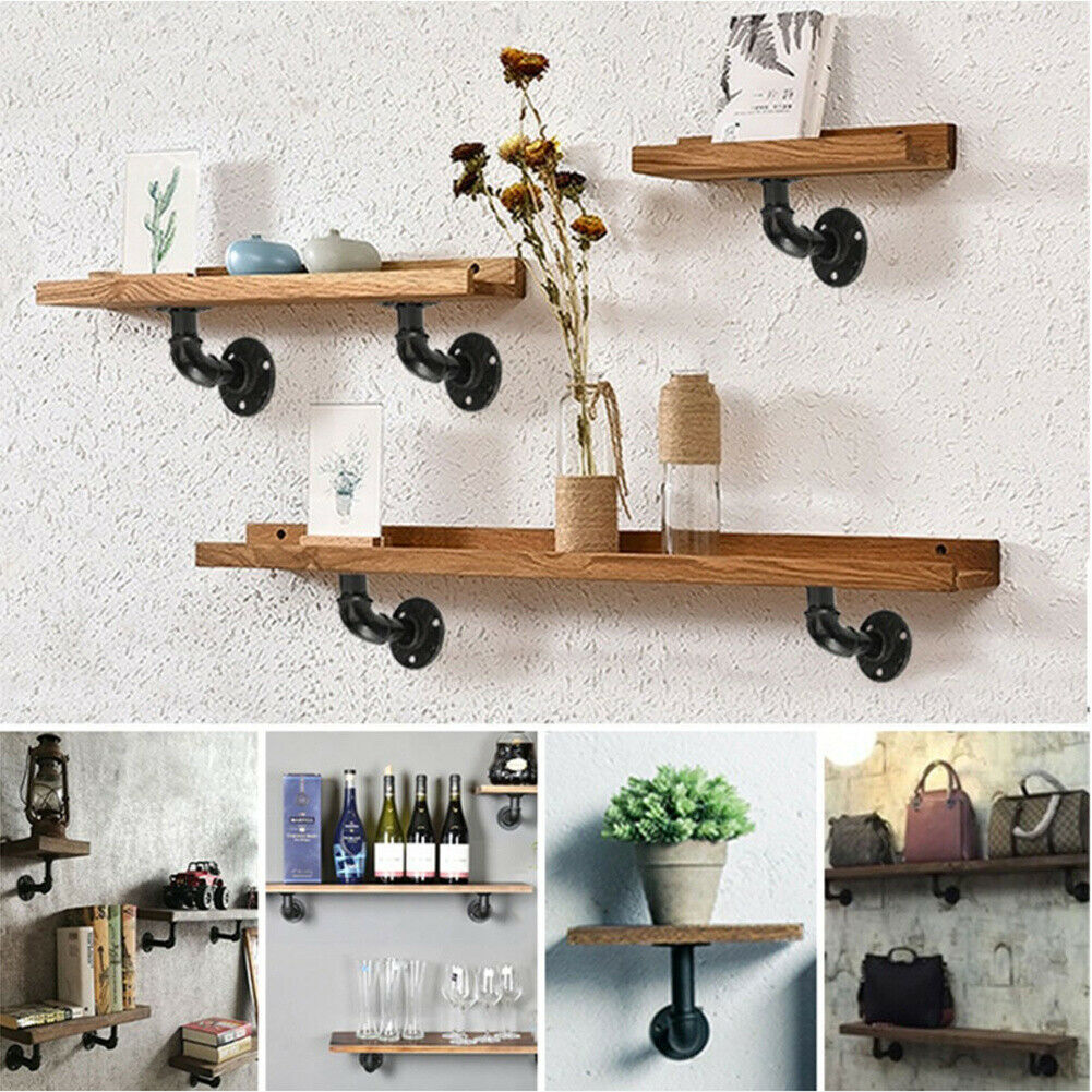 2 Pipe Rustic Shelf Brackets Scaffold Board Floating Shelves Display Holder Rack