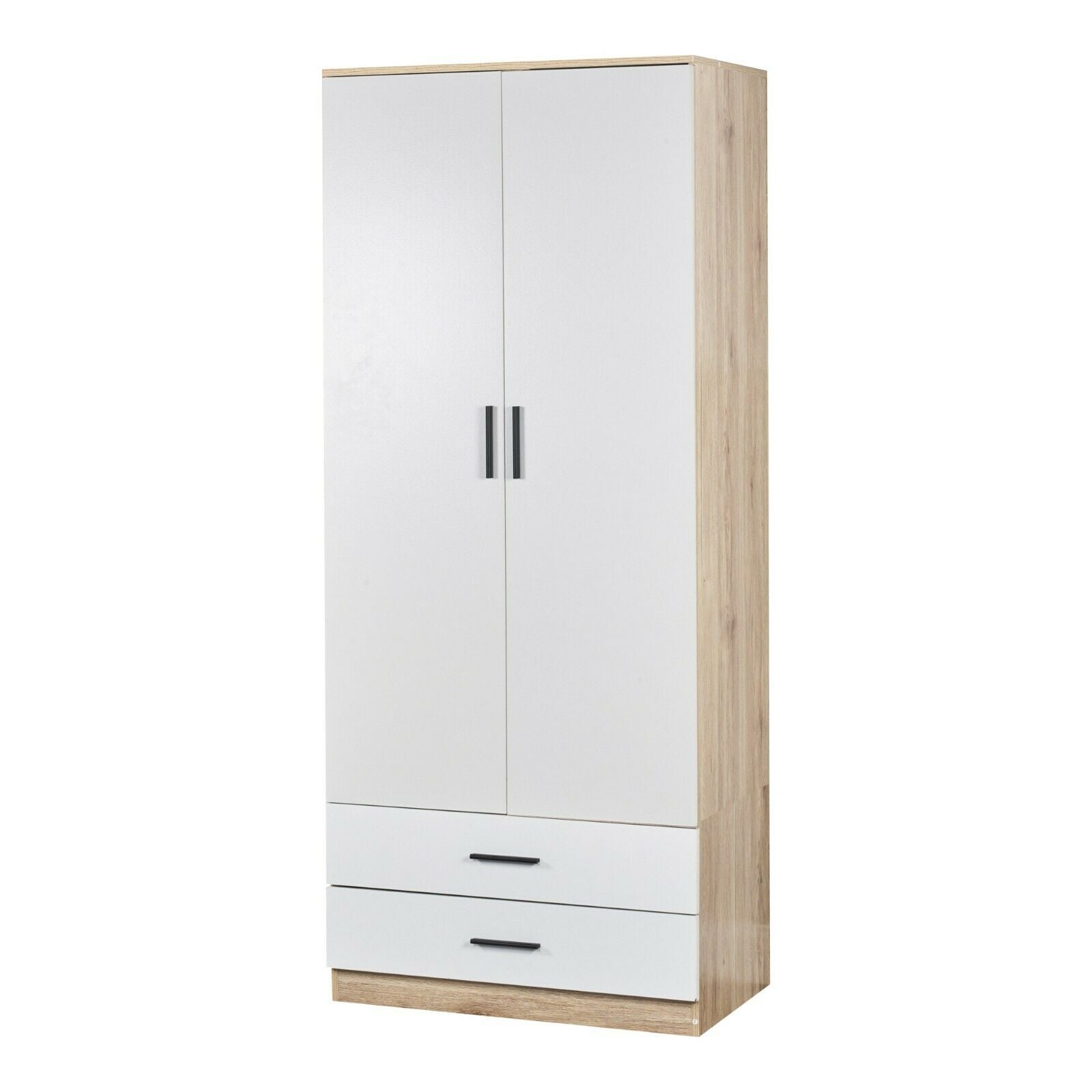Tall Wooden 2 Door Wardrobe With 2 Drawers Bedroom Storage Hanging Bar Clothes