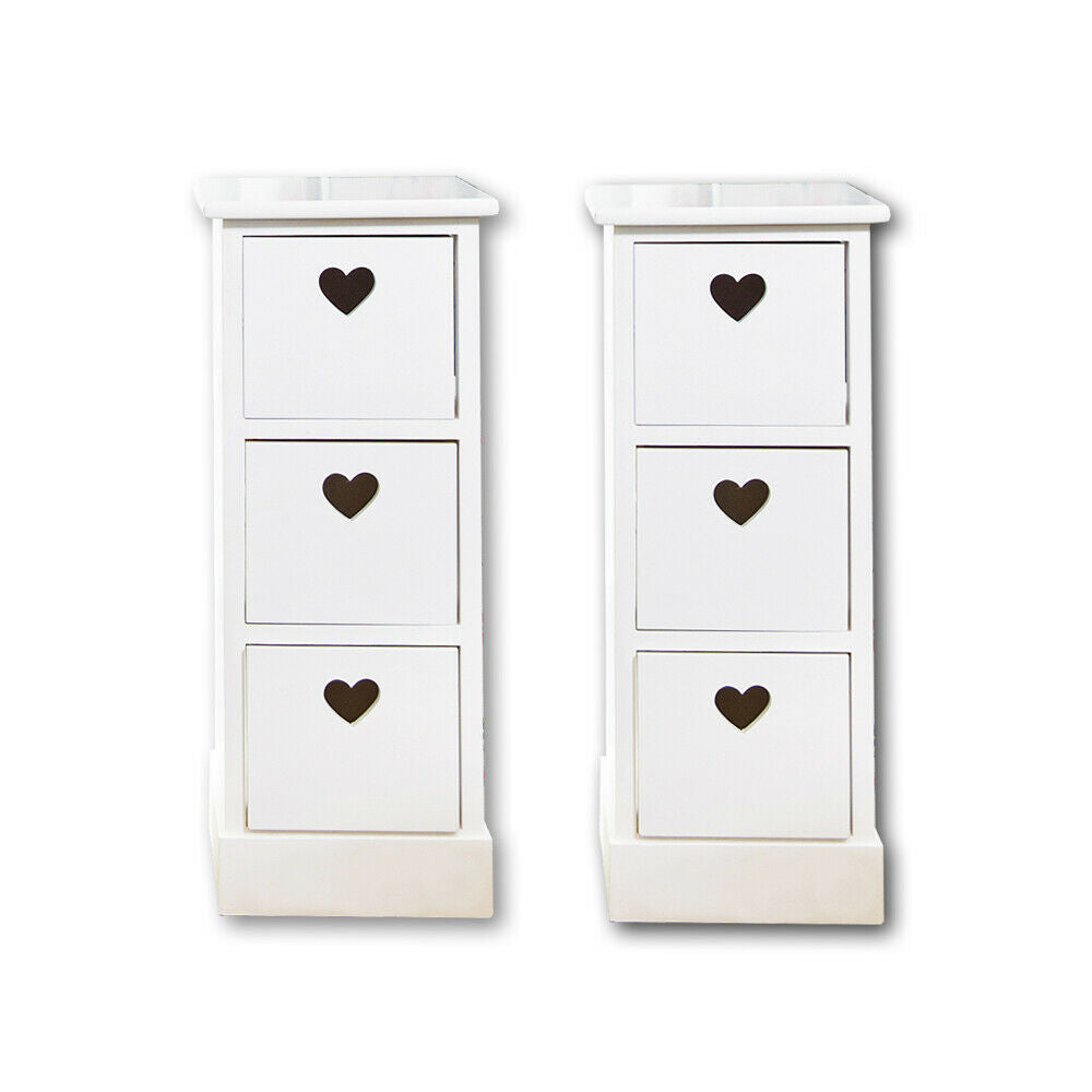 Pair Bedside Units White 3 Drawer Heart Cutout Chest Cabinets Side Table x2