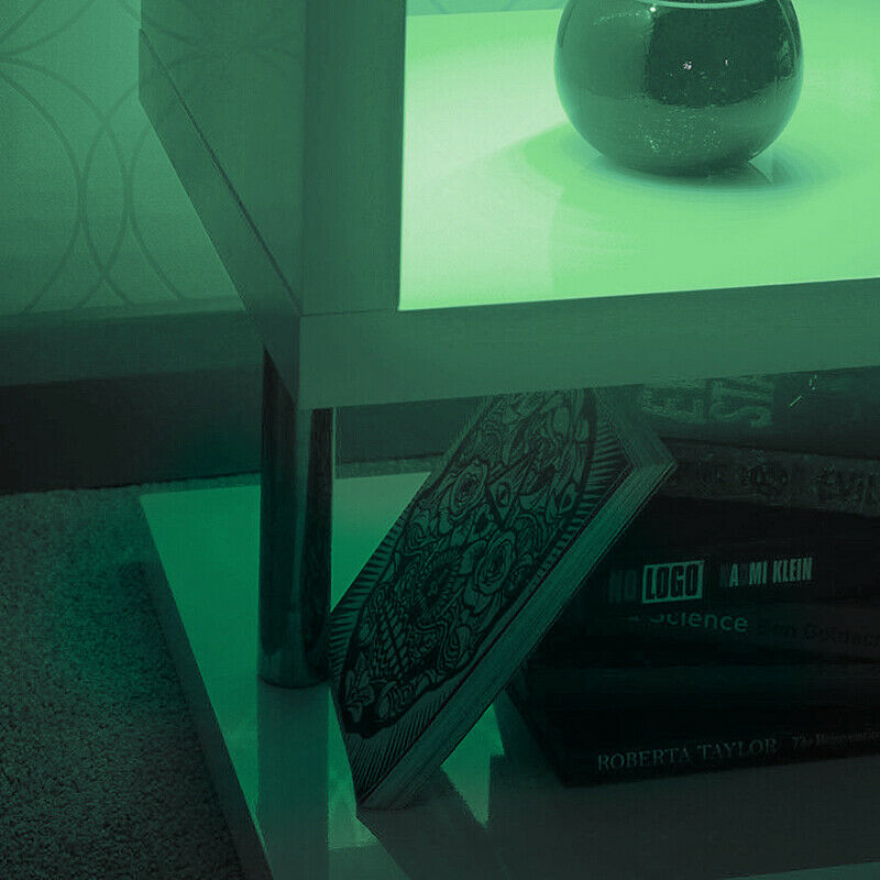 White High Gloss Coffee Table RGB LED Lights Wooden S-Shape Side Table Furniture