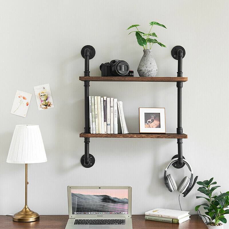 2 Tiers Industrial Floating Iron Pipe Shelf Retro DIY Wall Mounted Bracket