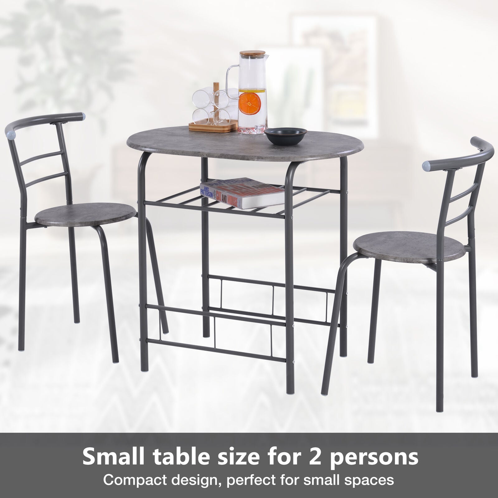 Grey 3PC Dining Table 2 Chairs Set for Kitchen Dining Room Furniture Steel Frame