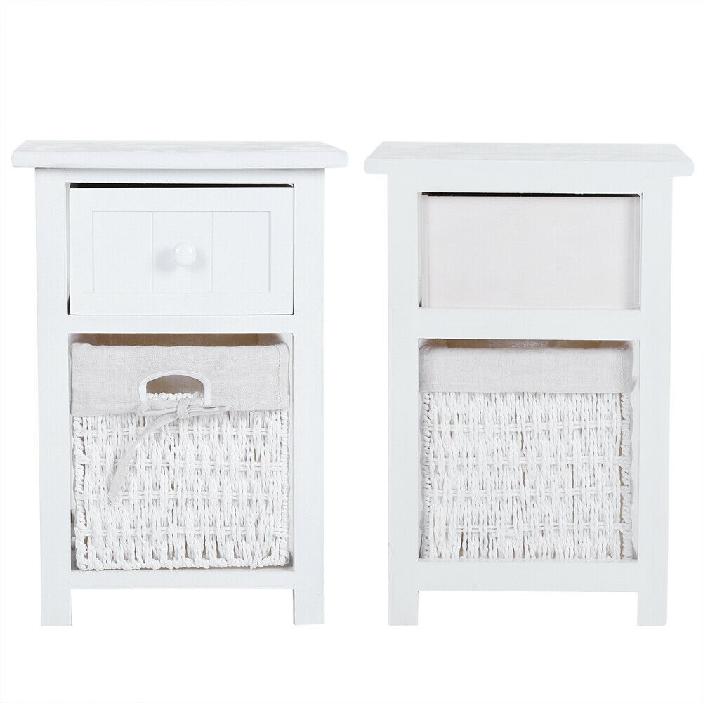 2x Wooden Bedside Tables Nightstand Cabinet Storage Drawer Wicker Basket Unit