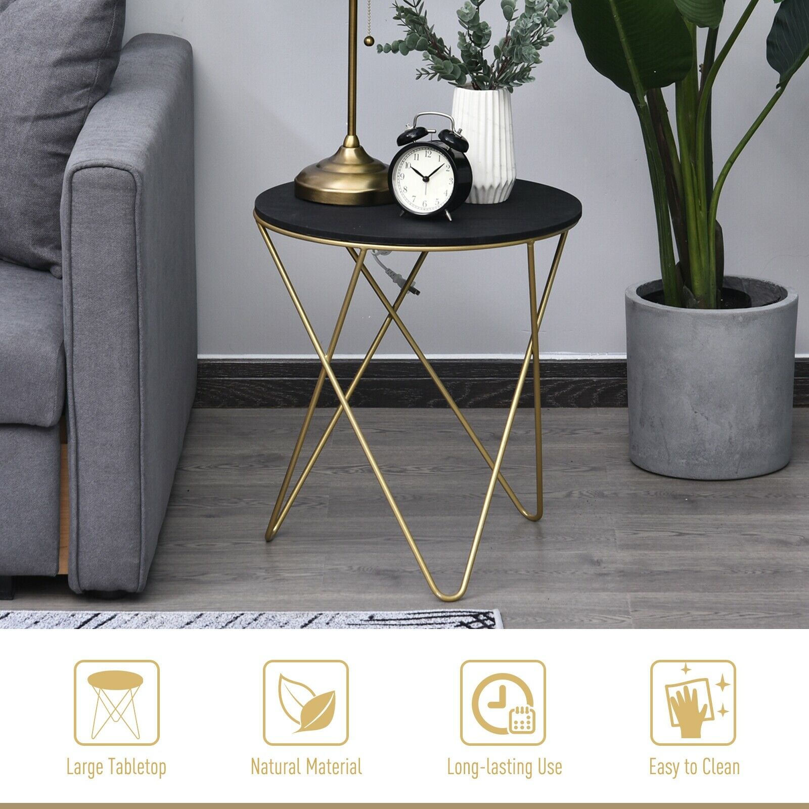 Round Tea Table Sofa End Side Wood Metal Table Living Room Furniture- Black Gold