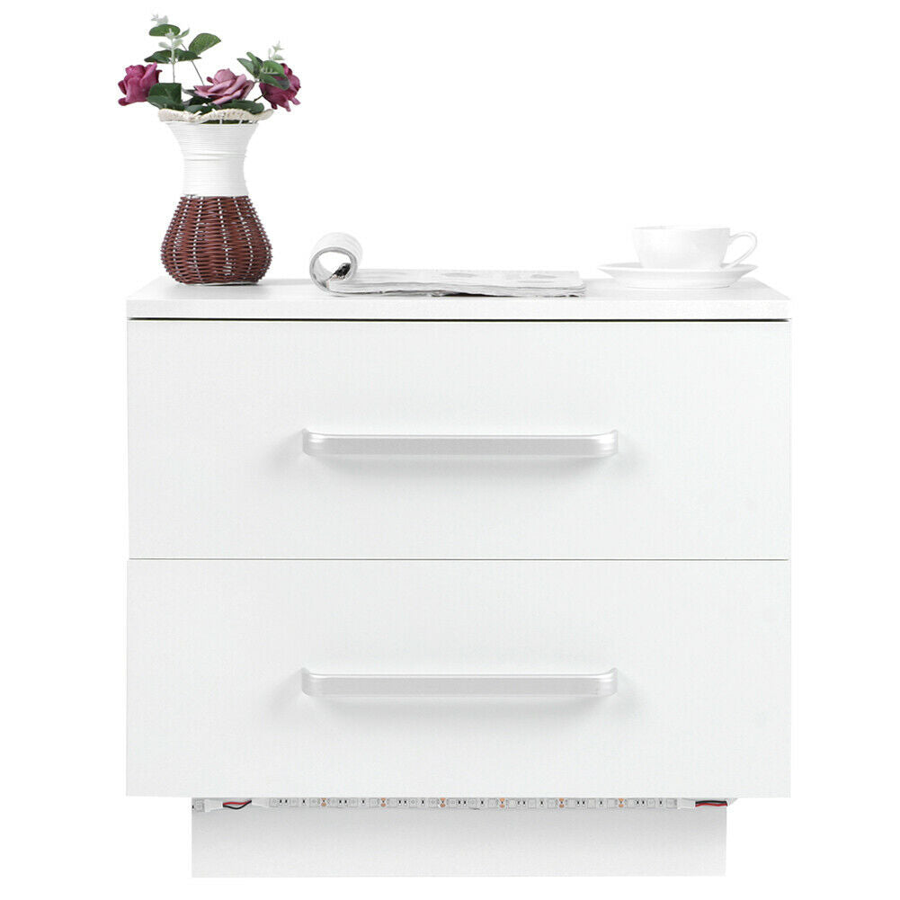 Bedside Table 2 Drawers Nightstand Front High Gloss Bedroom Cabinet w/ LED Light