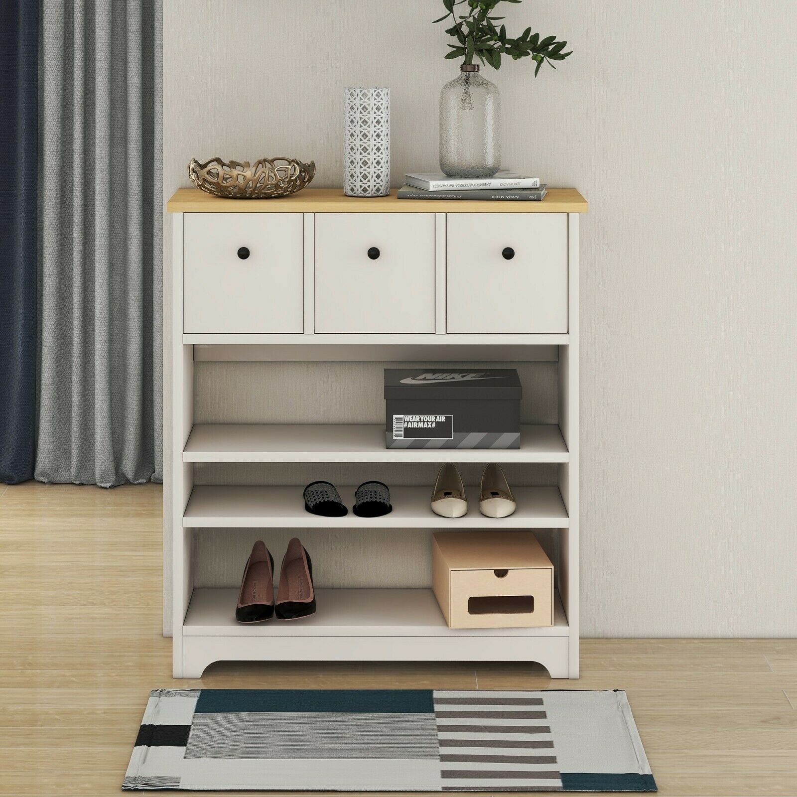 Wooden Side Cabinet 3 Tier Shoe Storage Cabinet Freestanding with Moveable Shelf