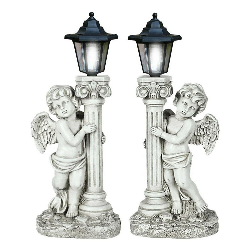 Resin Angel Statue with Lantern Solar Power Garden Lamp Post Figurine Ornament