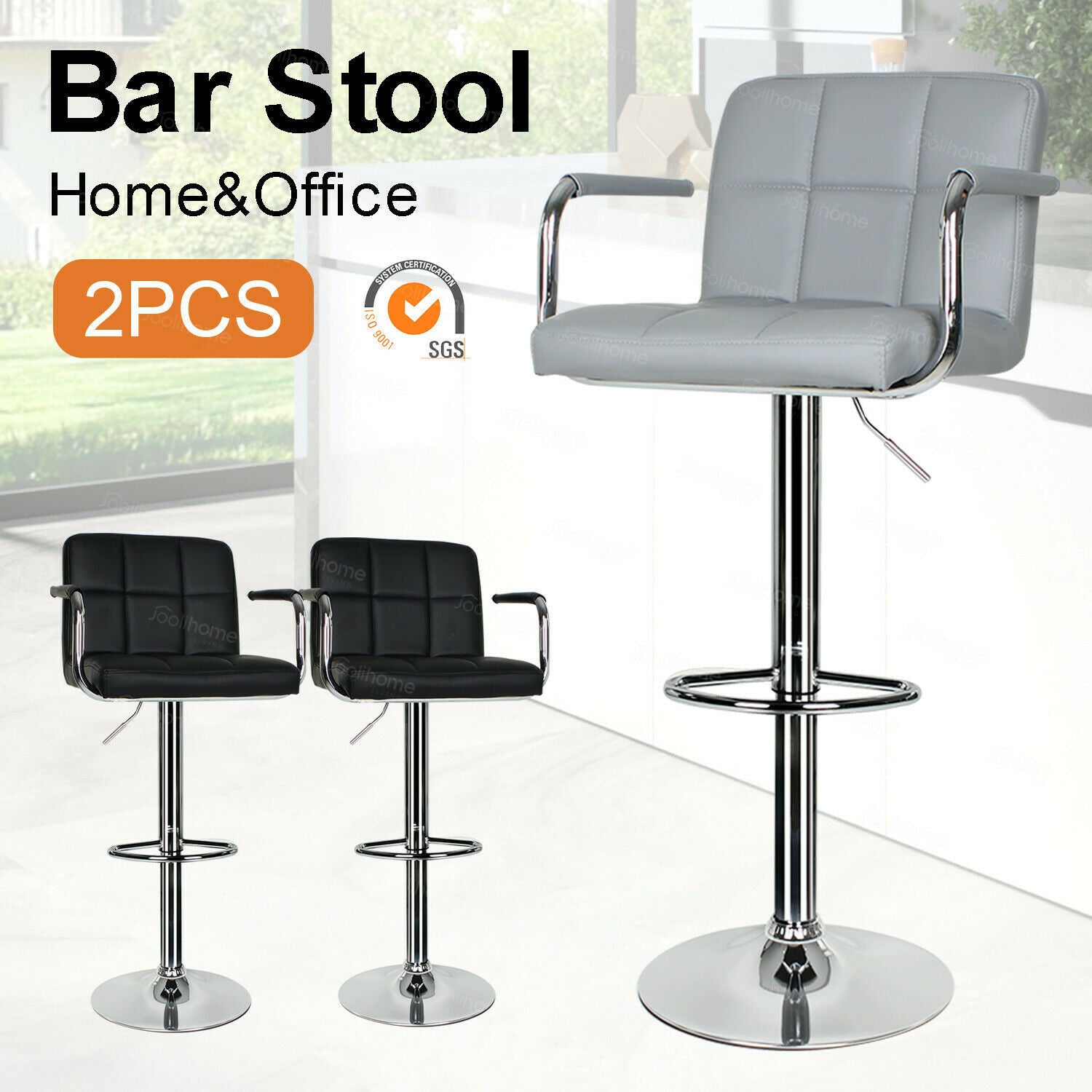 2×Bar Stools Leather Chairs Breakfast Chairs Swivel Gas Lift Kitchen Cushioned