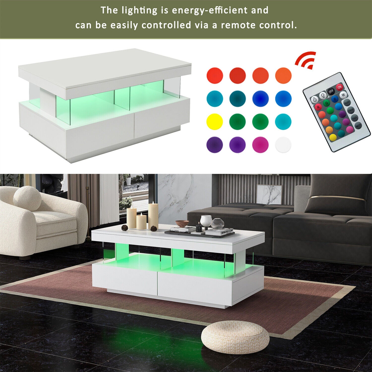 Coffee Table High Gloss LED RGB Tea Table With Storage Drawers Living Room HT