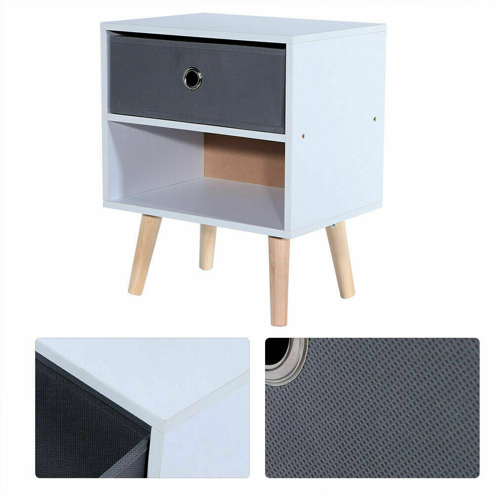 Bedside Table Cabinet Bedroom Storage Nightstand with 1 Fabric Drawer Wooden Leg