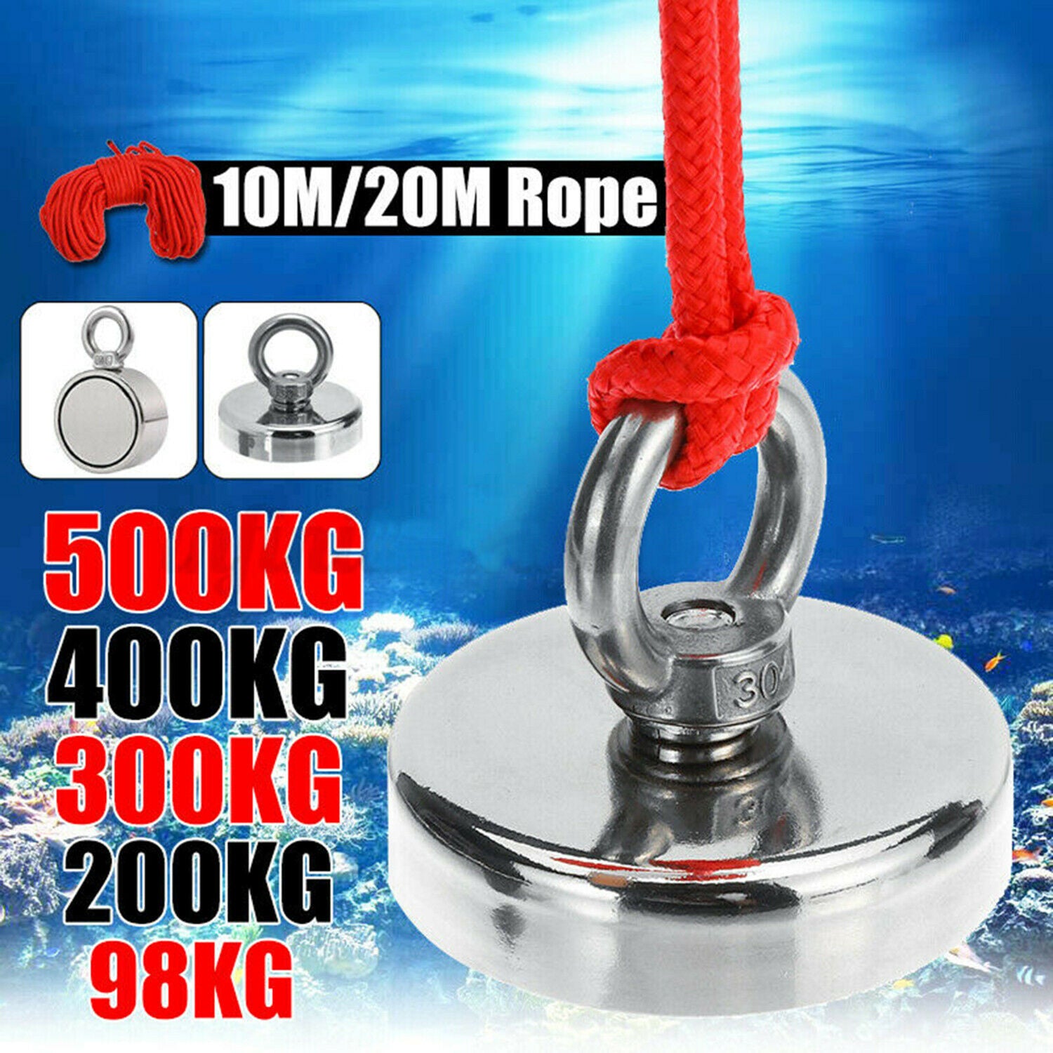 90kg-500kg Double Sided Large Powerful Neodymium Magnet Fishing & 10m Rope Set