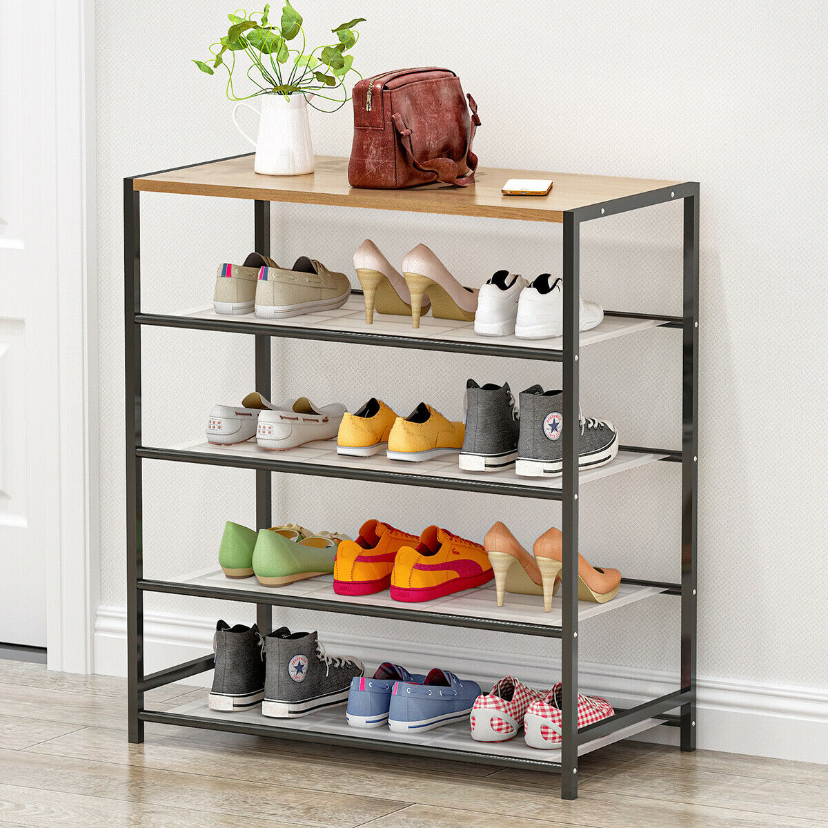 5 Layers Shoe Rack Storage Shelf Organizer Footwear Metal Mesh Shelves Stand UK