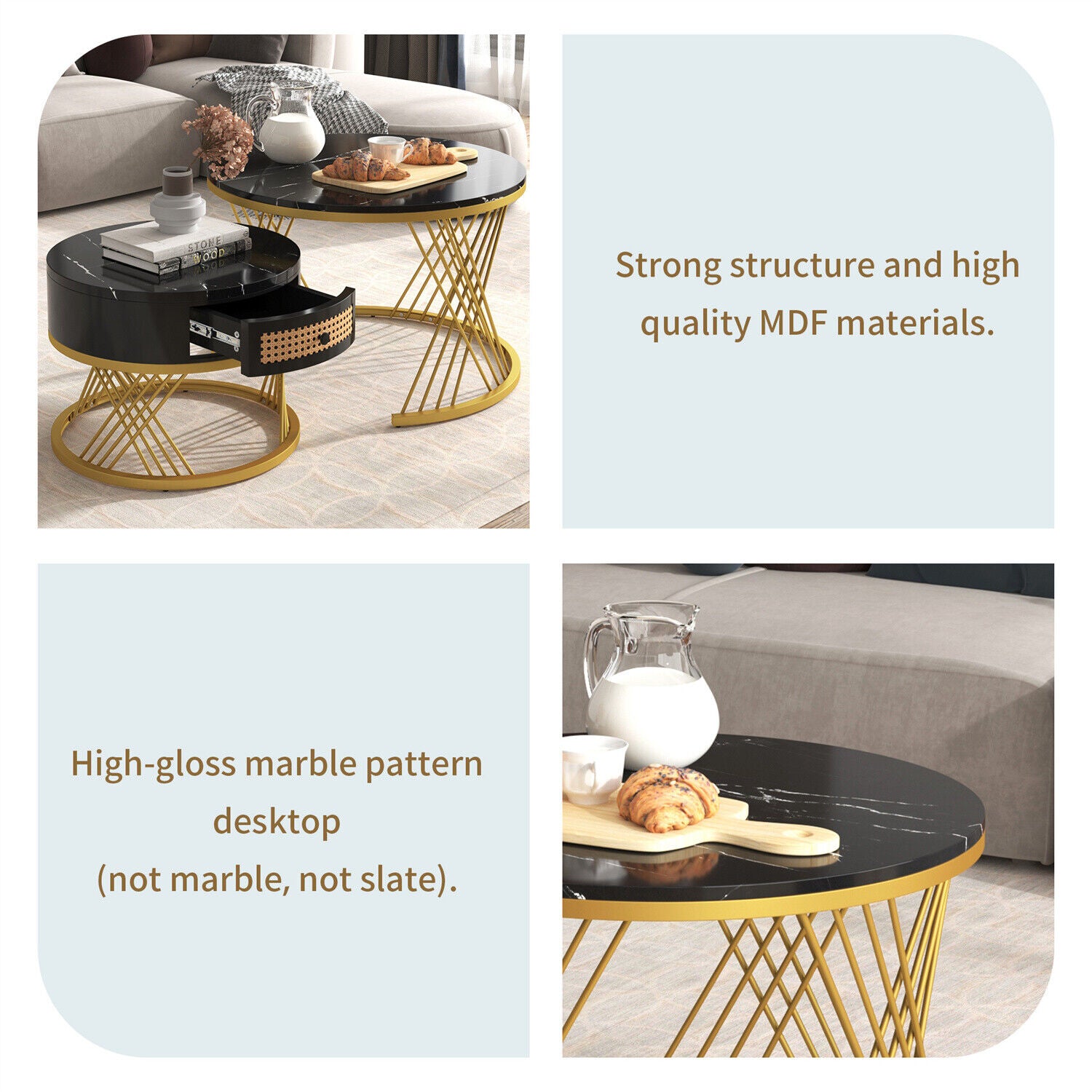 Modern Coffee Table Nesting Set of 2 Side Table Golden Frame Marble Effects HT