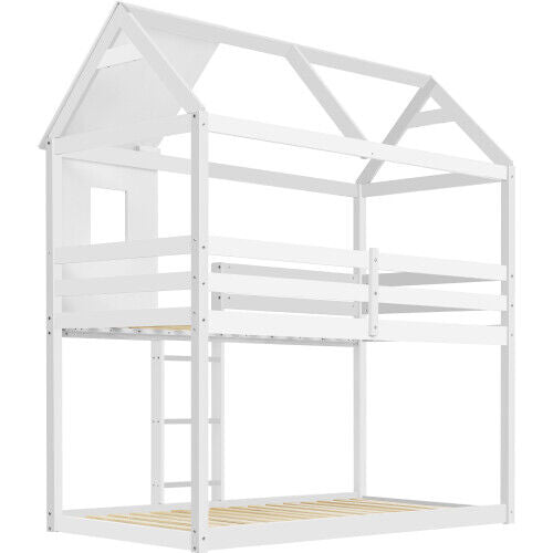 3FT Single Bunk Bed Treehouse Wooden Frame Kids Sleeper Pine House Canopy HT