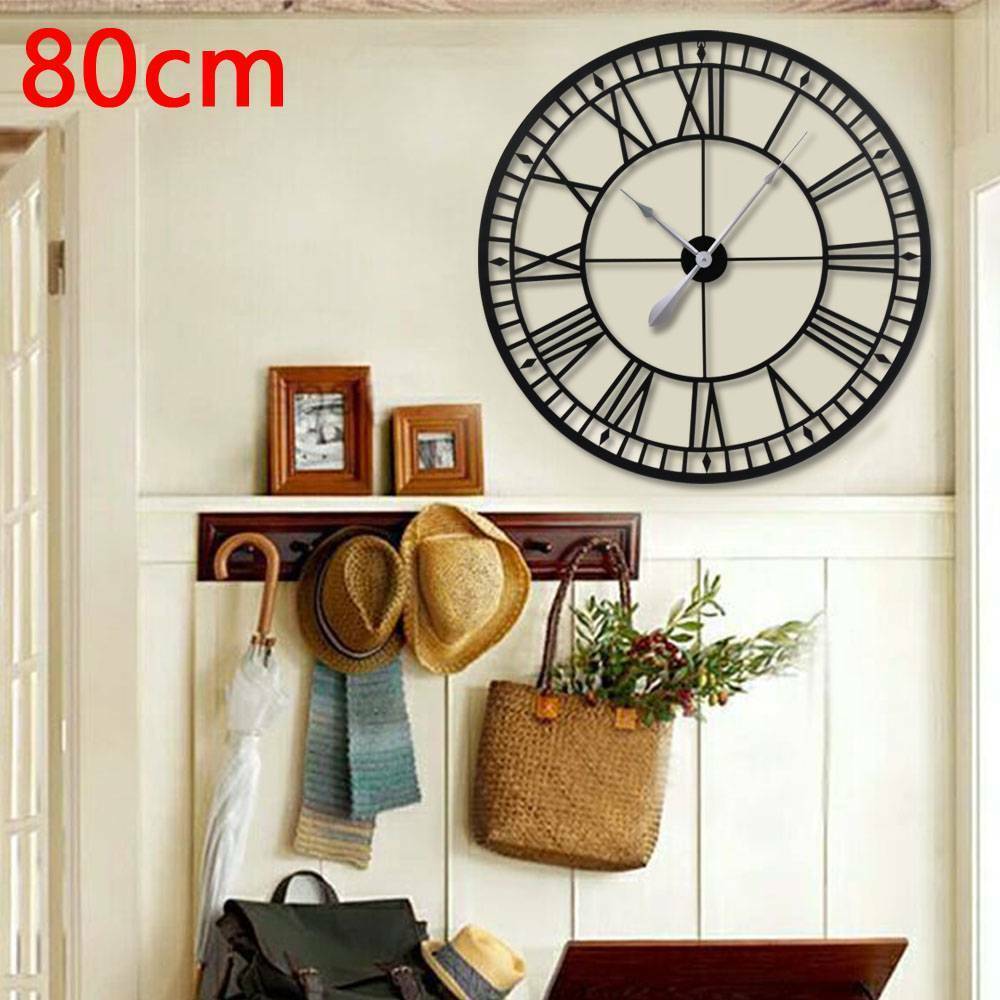 Large Metal Home Wall Clock Big Roman Numberals Giant Open Face 80cm Round
