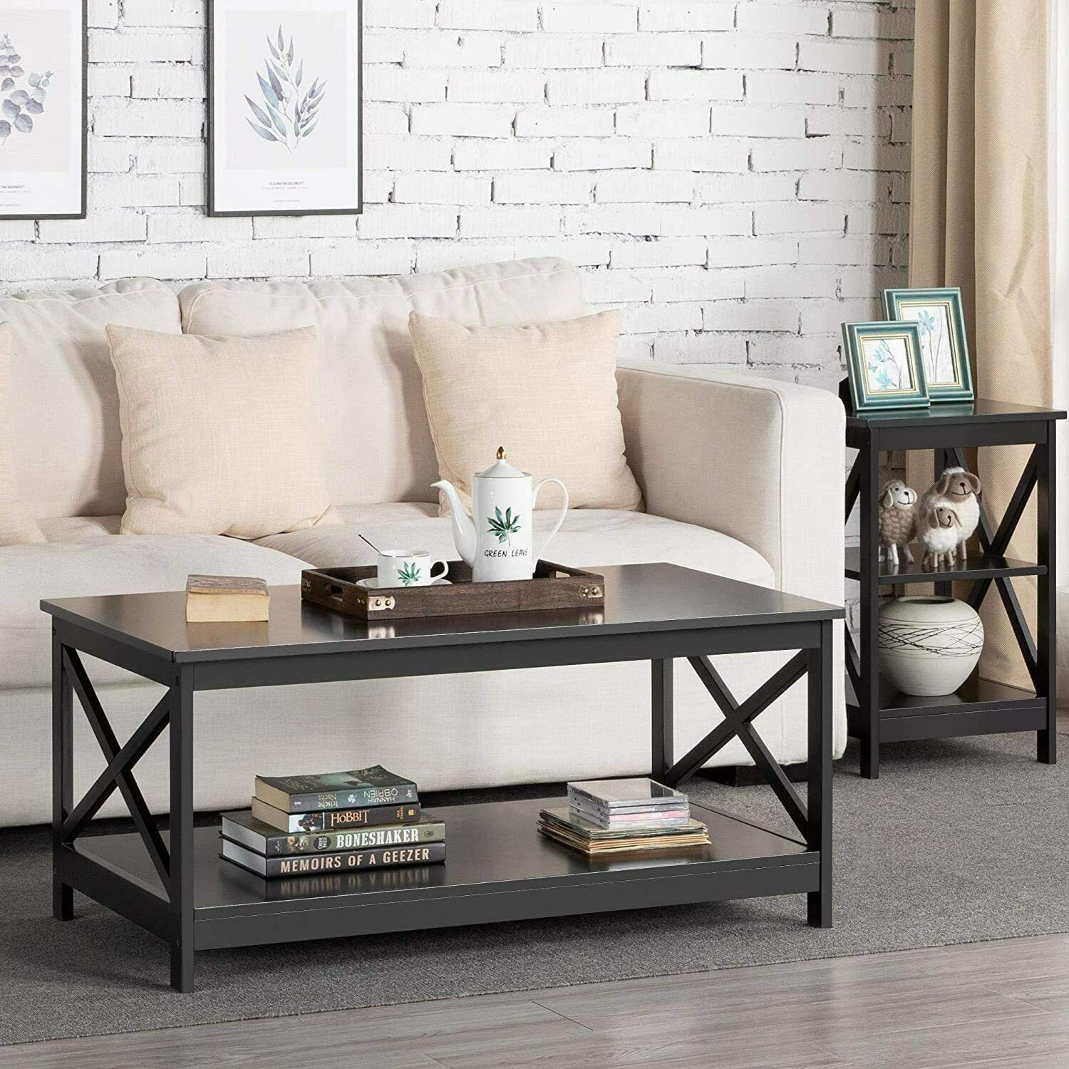 Side Tea Table Wood Coffee Table Modern X Designed Shelf for Living Room Teapot