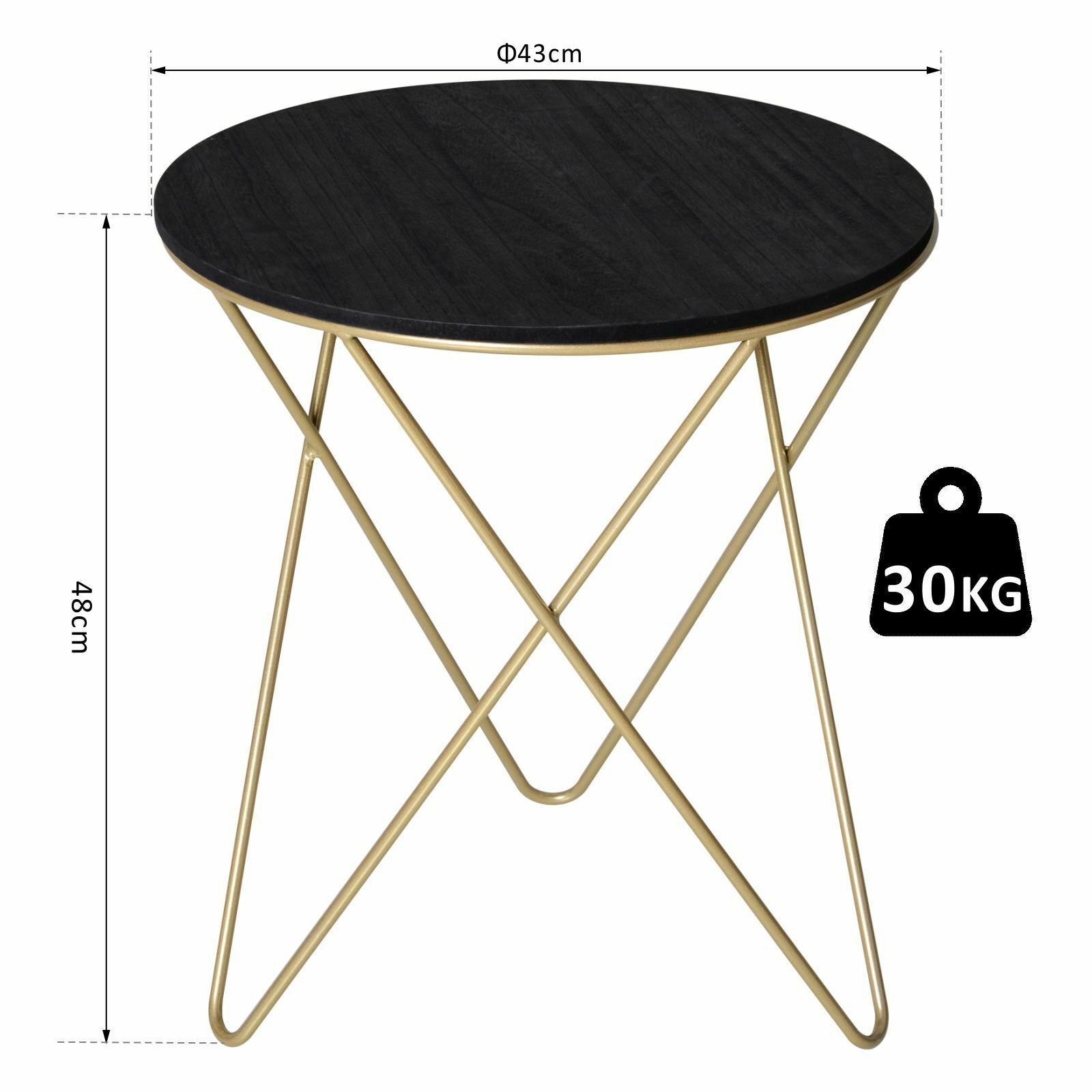 Round Tea Table Sofa End Side Wood Metal Table Living Room Furniture- Black Gold