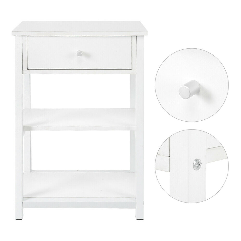 White Bedside Table Cabinet Side End Table Nightstand Storage Organizer 3 Tier