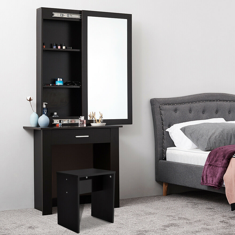 Black Dressing Table Make Up Desk Stool W Sliding Storage Mirror Drawer Vanity