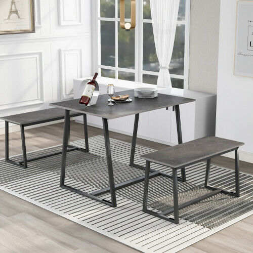 4-Seater Dining Table Set with 2 Benches Breakfast Kitchen Furniture Steel Frame