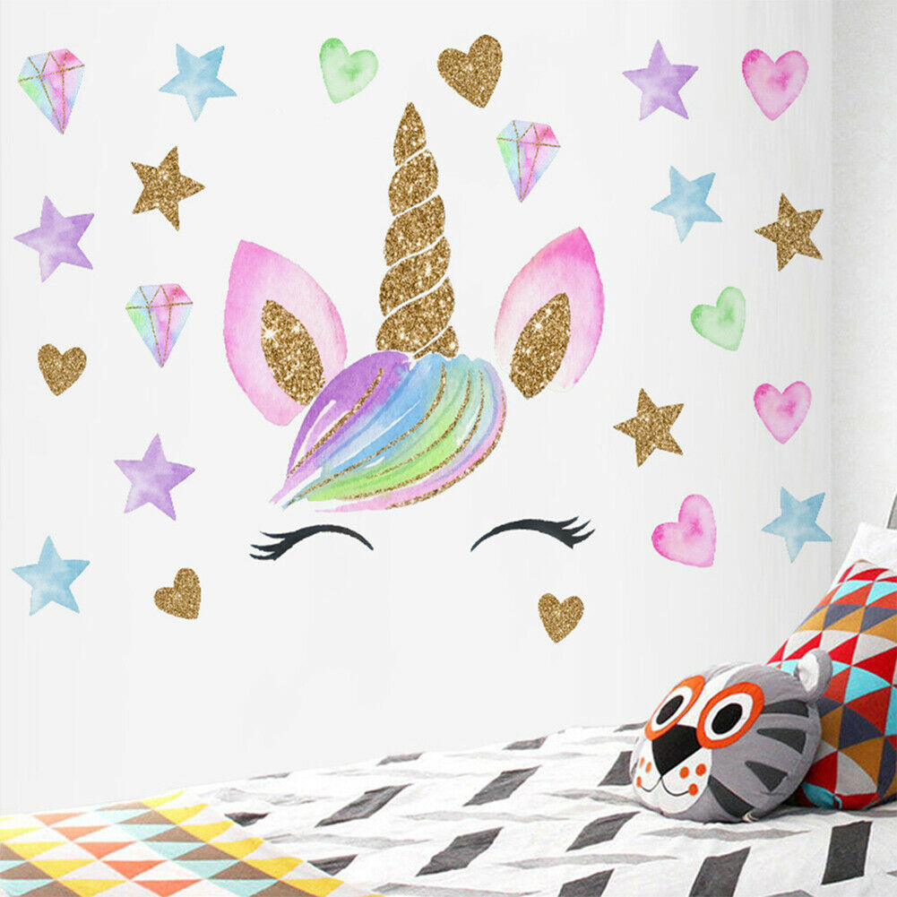 HIGH QUALITY UNICORN HEAD Wall Stickers Rainbow Decor Cute Pink Nursery Kid Room