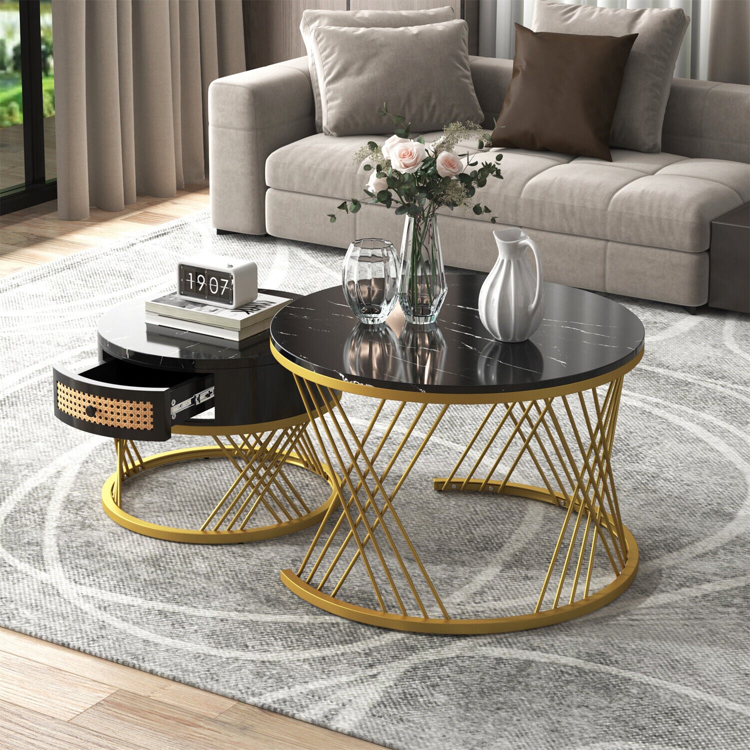 Modern Coffee Table Nesting Set of 2 Side Table Golden Frame Marble Effects HT