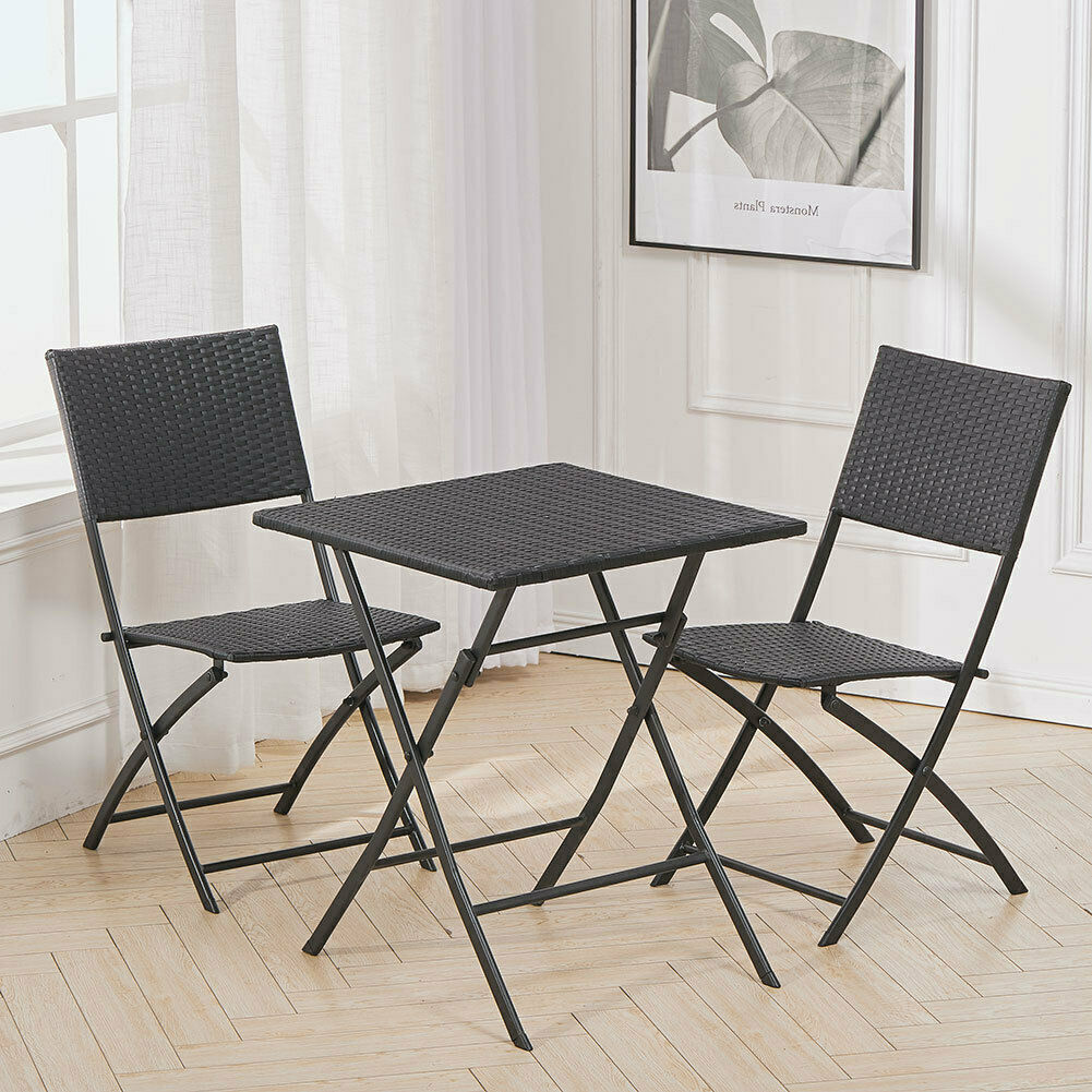3 pcs Chair Table Set Foldable PE+Metal Cushioned Chair Outdoor Yard Garden uk