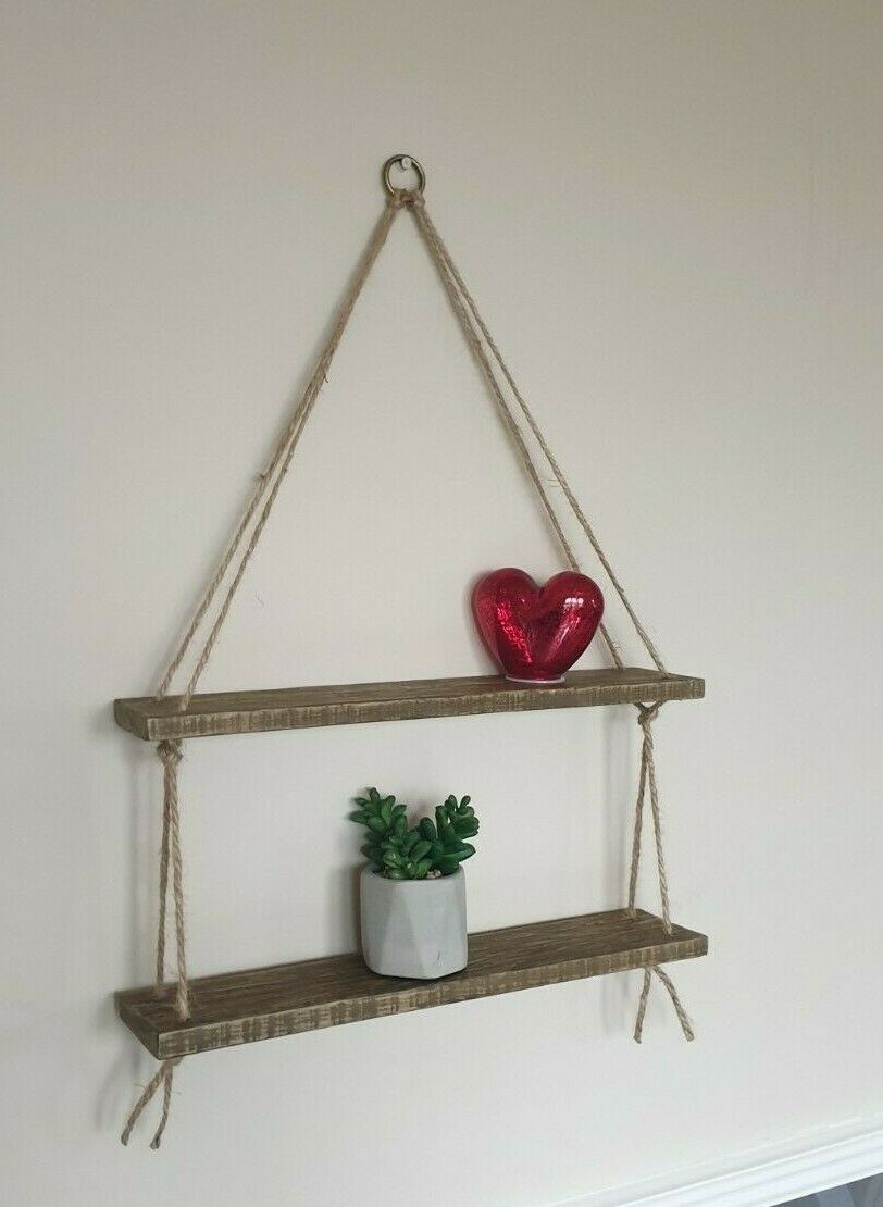Rustic Vintage Shelves Handmade Wooden Natural Wood Floating Hanging Rope Shelf