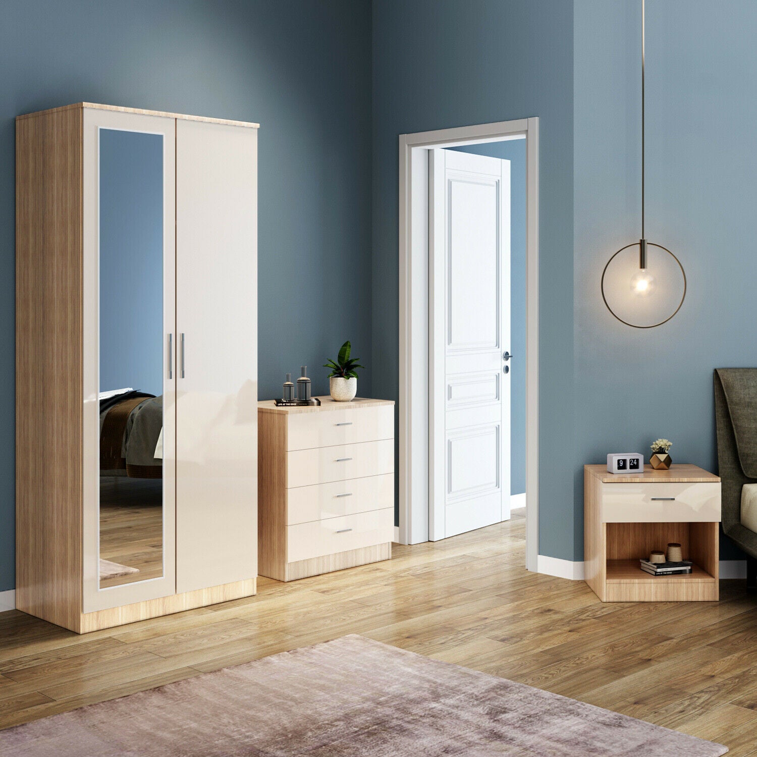 High Gloss 2 Door Wardrobe Mirrored Bedroom Furniture 3 pcs Set Large Storage