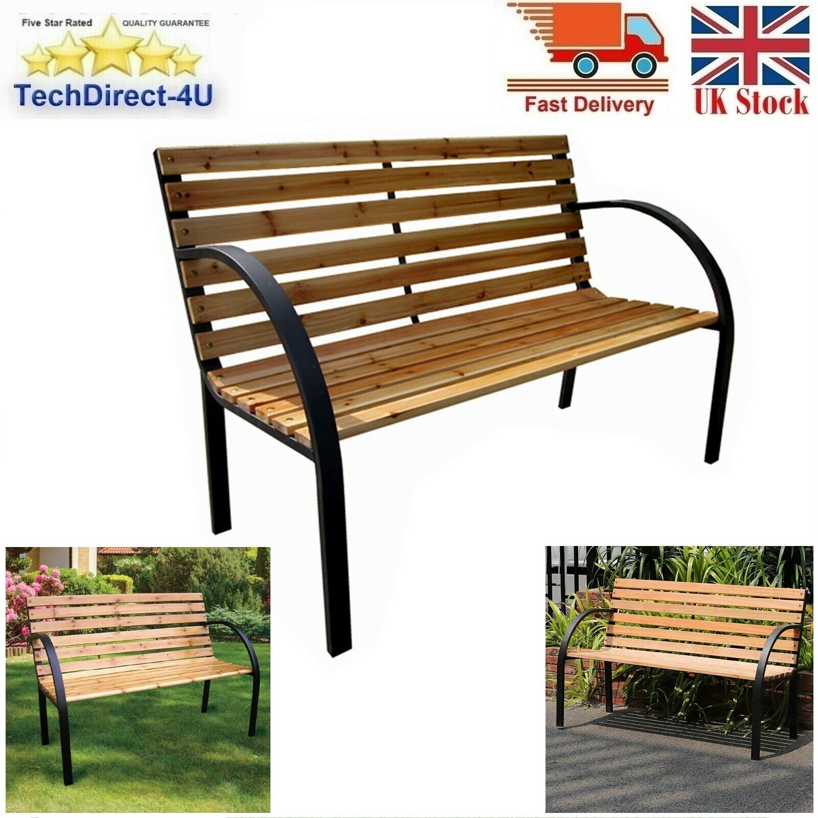 3 Seater Wooden Bench Iron Frame Outdoor Garden Porch Patio Park Chair Furniture