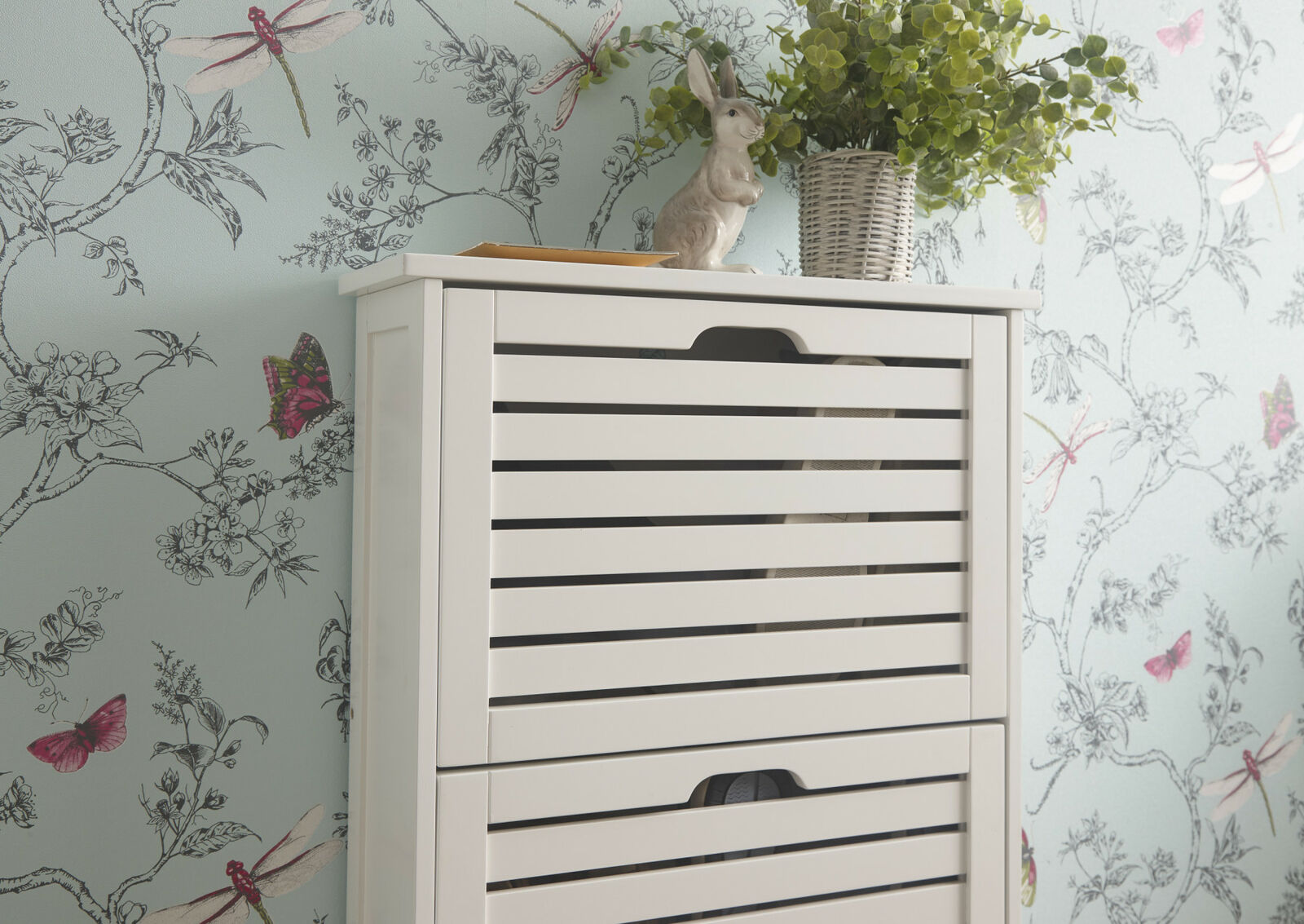 Shoe Storage Cabinet 3 Tier Grey Slatted Cupboard Doors Scandanavian Style