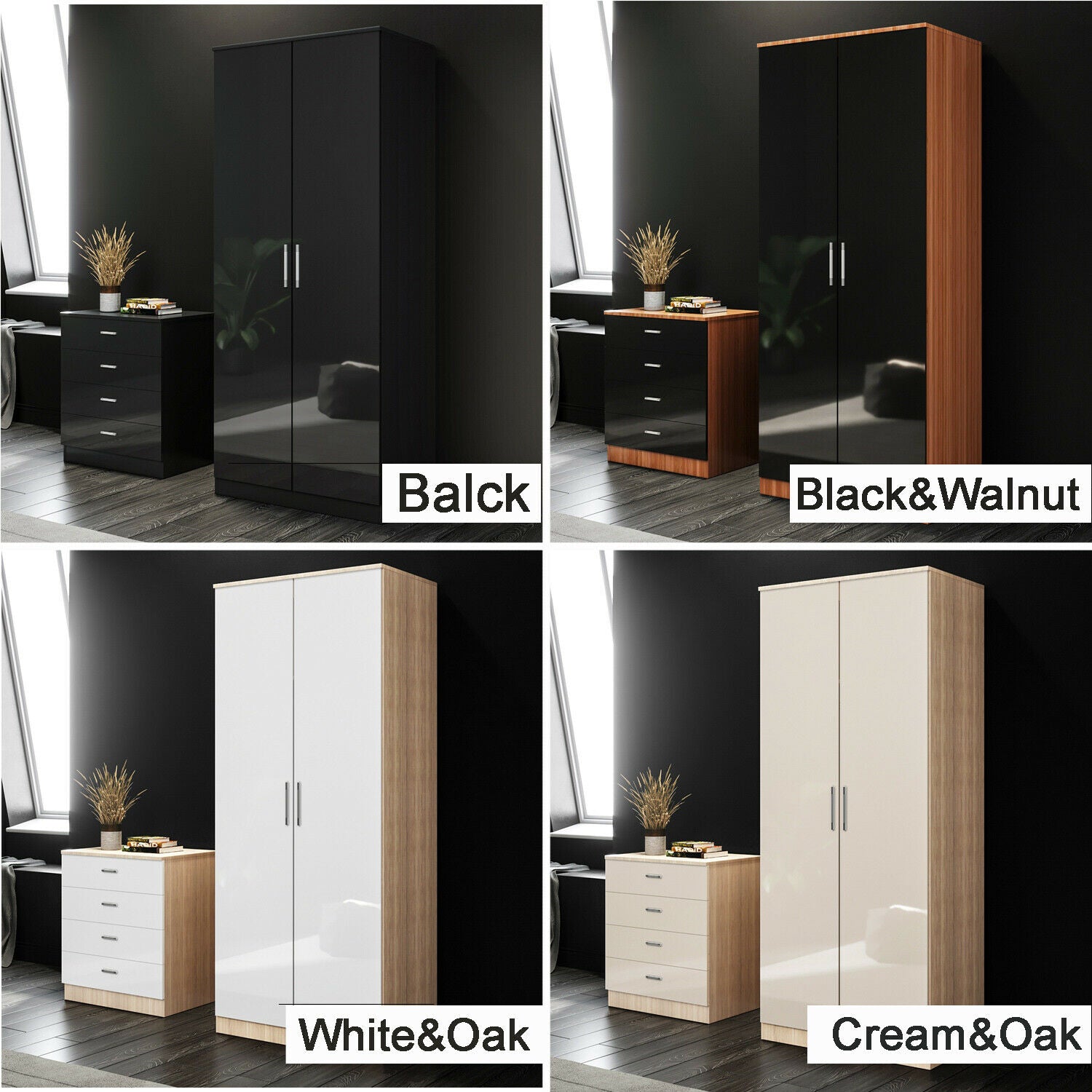 High Gloss 3 Piece Bedroom Furniture Sets Wardrobe Chest Bedside Free Delivery